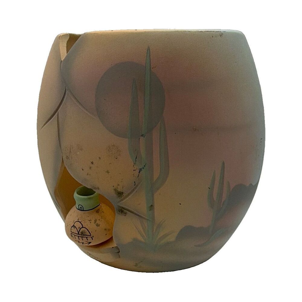 J. Vincent Signed Art Pottery Ceramic Vase Hand Painted Desert Cactus